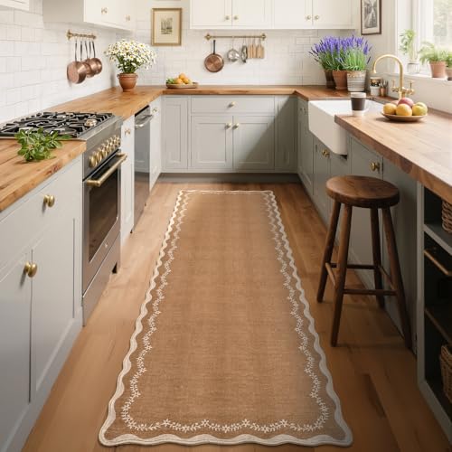 GarveeHome 2.5x8 Scalloped Washable Runner Rug Non Slip Hallway Kitchen Rug | Soft Long Hall Runner Brown Entryway Rug Farmhouse Thin Laundry Mat Stain Resistant Carpet for Bathroom Beside Rug - color: Brown, size: 2'6" x 8' (Rectangular)
