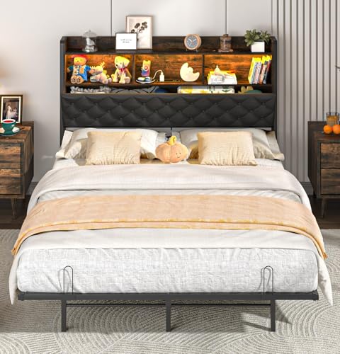 Squireewo Full Size Bed Frame with Storage Bookcase Headboard - Metal Platform Bed, LED Light and Charging Station, No Box Spring Needed, Heavy Duty Steel Slats for Bedroom, Dorm, Rustic Brown - color: Rustic Brown, size: Full