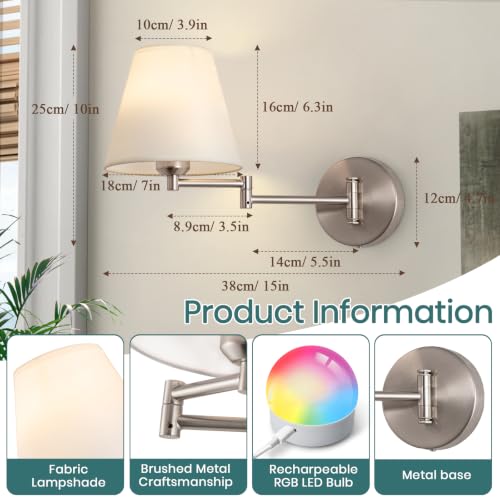 Rechargeable Wall Sconces with Remote Control, Dimming RGB Colors Cordless Battery Operated Wall Sconce Set of 2, Nickel Swing Arm Wall Lamp, Wireless Wall Sconce Fixtures for Bedside, Bedroom, Study - color: Nickel