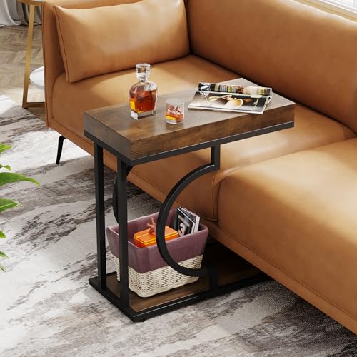 Tribesigns Narrow Side Table Set of 2, C Shaped End Table for Couch, Modern Bedside Tables with Metal Frame, Small Sofa Tables for Small Spaces, Living Room (2, Brown+Black) - color: Brown+black
