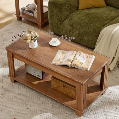 Farmhouse Coffee Table Set of 3, Brown | Rustic Wood 3 Piece Coffee and End Table Sets with Open Shelf for Living Room - color: Brown