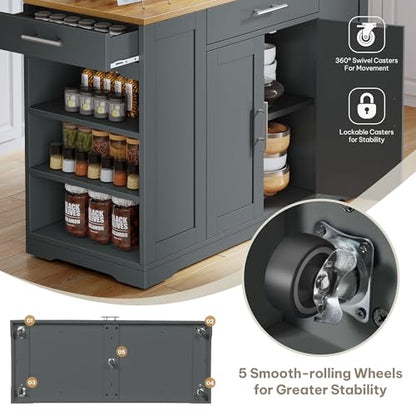 DWVO Large Kitchen Island with Trash Can Cabinet | 53 Inch Kitchen Island on Wheels, Rolling Island with Tilt‑Out Garbage Storage Fits 13 Gallon Bin and Drawer - color: Grey