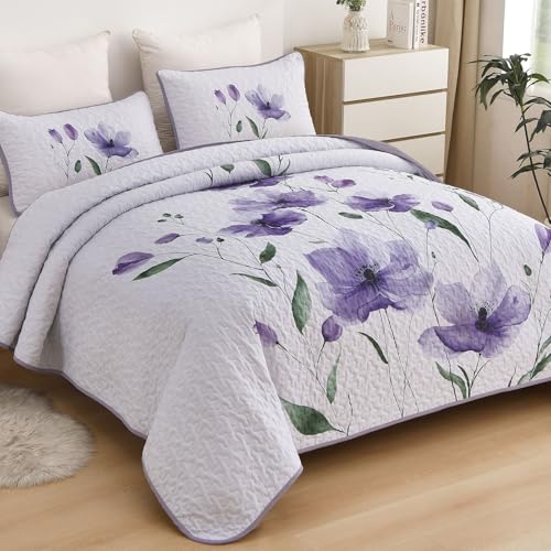 Mybedsoul Floral Quilt Set Queen Size, 3 Pieces Purple Bedspread Coverlet Set, Lightweight Farmhouse Botanical Bedding Set for Fall Winter All Season(96"x90") - color: Purple, size: Queen96"x90"