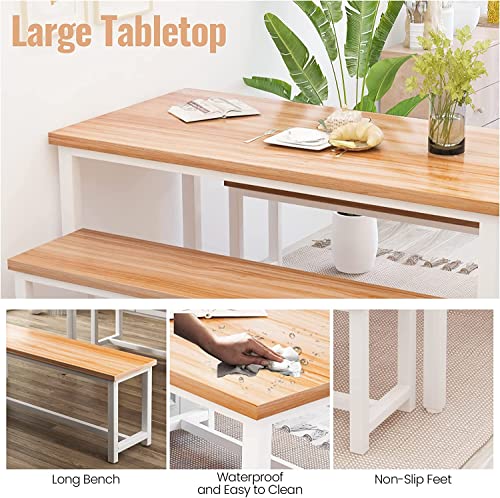 Dining Room Table Set with 2 Benches, Farmhouse Dining Table Set for 4-6, Wood Breakfast Table Set Dinner Table Set Kitchen Table and Chairs for Breakfast Nook Small Spaces, Beige - color: Maple