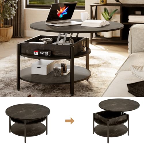 FABATO 26.77” Round Lift Top Coffee Table with Storage, Black Oak | Farmhouse Coffee Table, 2 Tier Small Round Center Table, Center Table for Living Room, Circle Dining Table - color: Black Oak