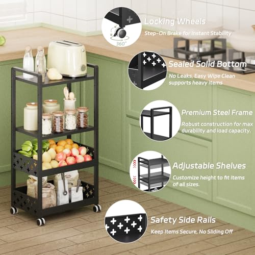 Adjustable 4 Tier Rolling Cart Metal Utility Carts with Lockable Wheels Rolling Storage Cart for Kitchen Bathroom Office Bar Microwave Laundry Snack Coffee Craft Organizer Black