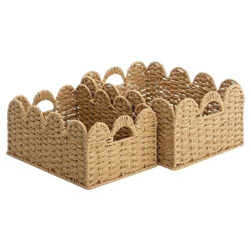 StorageWorks Scalloped Wicker Basket, Large Baskets for Decor, Paper Rope | Woven Baskets for Storage, Wicker Storage Baskets for Shelves, Large Wicker Basket, Shelf Basket with Handles, 2 Pack - color: Natural(Paper Rope), size: 15" L x 11" W x 7" H