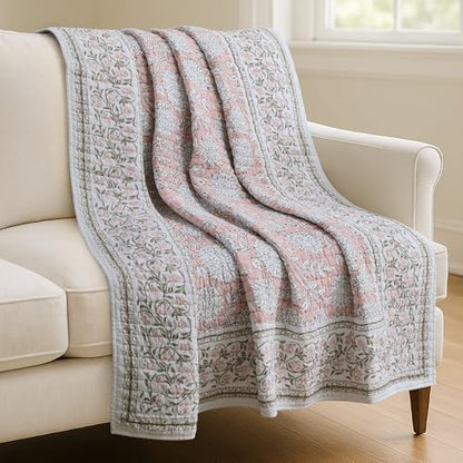 Levtex Home Adare Blush Quilted Throw - (50x60in.) - Floral - Blush White - Reversible - Cotton - color: Blush