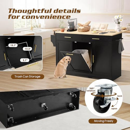 60" Kitchen Island with Power Outlet, Drop Leaf, Trash Can Storage | Rolling Kitchen Island Table Cart Cabinet with Drawer, Mobile Kitchen Cabinet on Wheels w/Spice Rack, Towel Bar, Hooks - color: Black, size: 60"