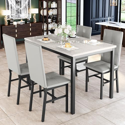 Hooseng Dining Table Set for 4, Faux Marble Small Kitchen Table with 4 PU Leather Chairs, Modern 5 Piece Dinner Table Set for Dining Room, Breakfast Nook, Samll Space, Grey - color: Grey