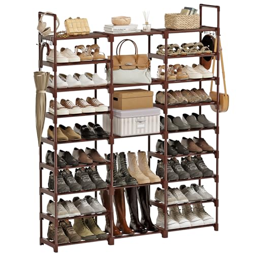 WOWLIVE 9 Tier 3-Column Shoe Rack, 50-55 Pairs Stackable Brown | 50in Long for Larger Entryways, Removable Shelves Fit Tall Boots, Split into Multiple Units for Garage Closet - color: Brown, size: 3 Row 9 Tier