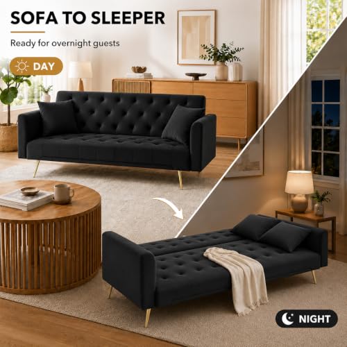 Anwick 72''Modern Velvet Sofa Bed Futon,Convertible Folding Sleeper Couches with 3 Adjustable Backrests,Tufted Recliner Loveseat with Golden Chrome Legs for Living Room Apartment Office (Black) - color: Black