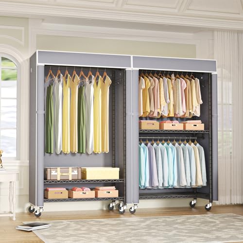 Black Clothing Rack with Grey Cover, P1C Rolling Closets | Metal Garment Rack for Hanging Clothes, Clothing Storage Wardrobe, with Wheels - color: Black Rack With Grey Cover