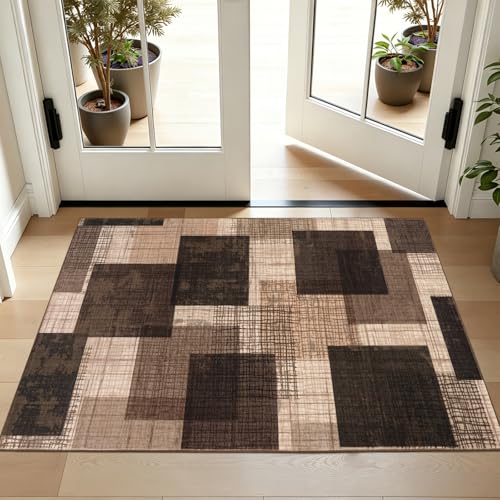Washable 2x3 Entryway Rug, Throw Rugs with Rubber Backing, Chocolate | Non Slip, Low-Pile, Soft Stain Resistant, Patchwork Grid Print Door Mat Indoor Entrance for Kitchen Entry Bathroom Decor - color: Chocolate, size: 2' x 3' (Rectangular)