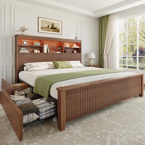 Queen Size Bed Frame with 4 Storage Drawers, Brown | Metal Platform Bed Frame with Tall Headboard, Queen Bed Frame with LED Lights&Charging Ports, No Box Spring Needed,Noise-Free - color: Brown, size: Queen