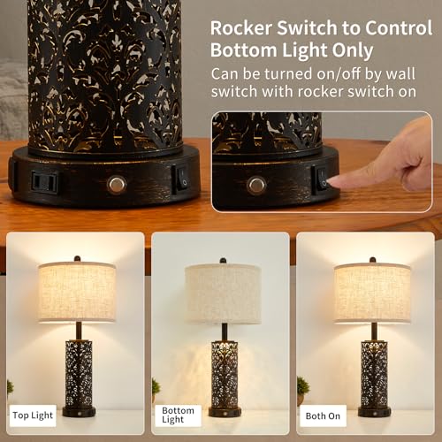 SAIWEYA 26" Set of 2 Farmhouse Table Lamp for Bedroom, Dimmable Touch | 3 Way Dimmable, 2 USB Ports + AC Outlet Bedside Lamp for Nightstand, LED Bulb Included, Fabric Shade, Flower Metal Body - color: White-26in 2 Pack