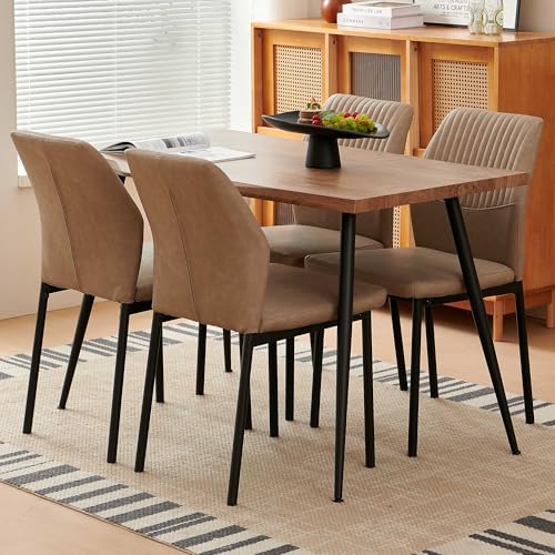 Dining Table Set for 4, Modern Wood Irregular Rectangle Dining Table,Leather Dining Chairs 4,Table and Chairs Set of 4 for Kitchen Dining Room, Beige - color: Beige, size: 47" Rectangular Table+4 Chairs