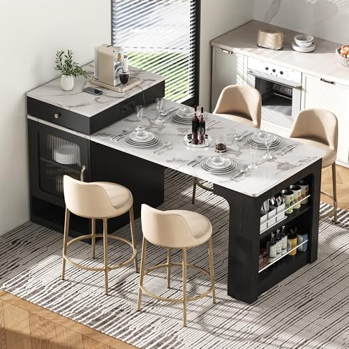 59.5" Kitchen Island with Extendable Dining Table, Kitchen Storage Table with Double-Sided Storage & 2 Drawers, Power Outlet, Side Open Shelves, for Dining Room (Black3) - color: Black3