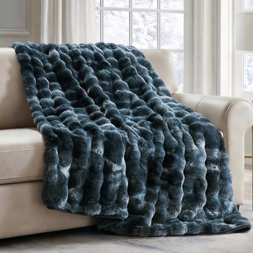 Faux Rabbit Fur Bubble Throw Blanket, 60"x80", Marble Deep Indigo | Ultra Soft, Luxury Faux Rabbit Fur Throw, Thick Warm Bubble Blanket, Cozy Fluffy Reversible, for Bed, Couch, Chair, Sofa - color: Deep Indigo Marble, size: 60"x80"