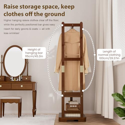 Coat Rack Solid Wood Hall Tree Storage 2 Shelves 5 Hooks | Hallway bedroom living room, durable wood construction, freestanding organizer design, coats hats wallets garments - size: Walnut - S (18.1''L×12.6''W×64.5''H)