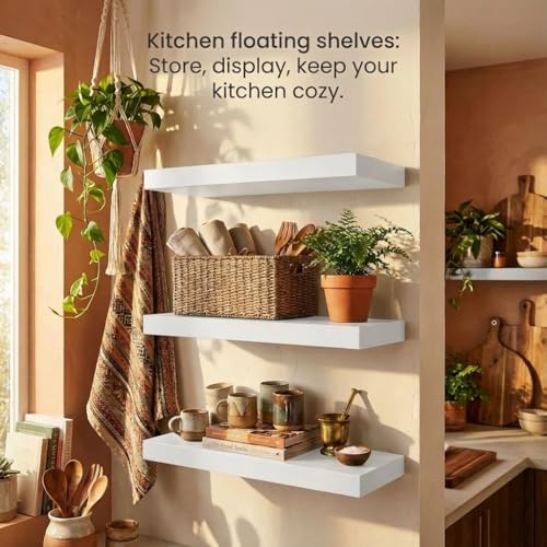 SAUMONIERES Floating Shelves Wall Shelf Solid Wood for Bathroom Bedroom Kitchen Set of 3, White Wall Shelves - color: White, size: 16 Inch-3 shelves