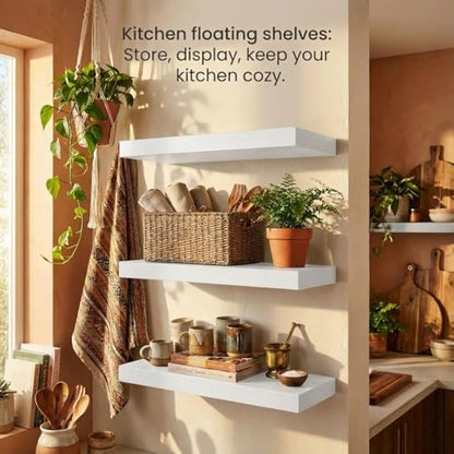 SAUMONIERES Floating Shelves Wall Shelf Solid Wood for Bathroom Bedroom Kitchen Set of 3, White Wall Shelves - color: White, size: 16 Inch-3 shelves