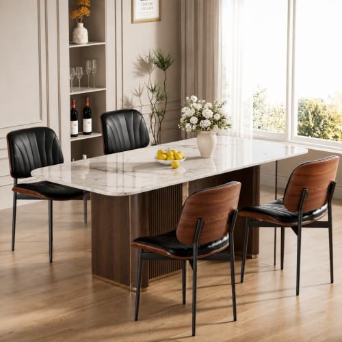 Dining Chairs Set of 2, Mid-Century Modern Upholstered PU Leather Chairs | with Walnut Bentwood Back and Metal Legs Adjustable Feet for Kitchen, Black Shell Strips - color: Black Shell Strips