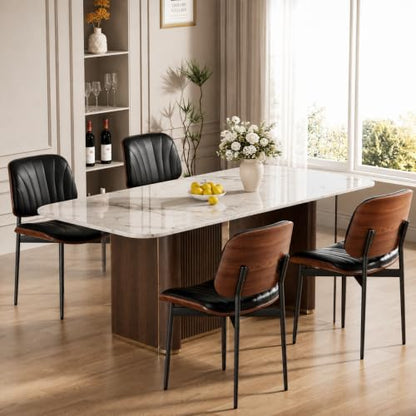 Dining Chairs Set of 2, Mid-Century Modern Upholstered PU Leather Chairs | with Walnut Bentwood Back and Metal Legs Adjustable Feet for Kitchen, Black Shell Strips - color: Black Shell Strips