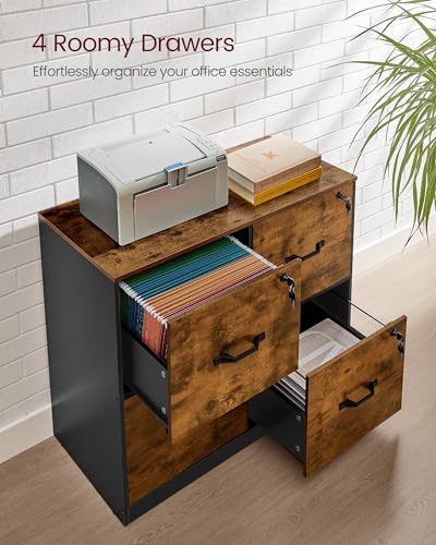 VASAGLE 4-Drawer Lateral File Cabinet, Compact, Locking, Printer Stand | Home Office, A4, Letter-Size Hanging File Folders, Rustic Brown and Ink Black, CUSTOS Collection UOFC062B01 - color: Rustic Brown + Ink Black, size: 4 Drawers with Lock