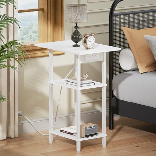 Asgolion Tall End Table with Charging Station, Tall Nightstand with Storage | 30 Inch Tall Side Table, Accent Table Stand, Small Entryway Table, Bedroom Tall Nightstand, Living Room, Office, White - color: White, size: 30"H