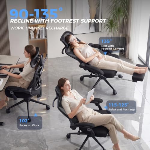 CYKOV Ergonomic Office Chair, Reclining, Footrest, Adjustable Lumbar, 350LB | 4-Way Headrest (4.72" + 60°), 2-Way Lumbar (2" + 1.18"), 90-135° Recline, Breathable Mesh, Gaming & Office, 5-Year Warranty - color: Black
