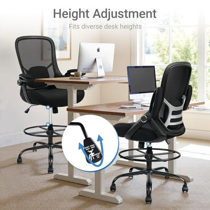 400lbs Big and Tall Heavy Duty Drafting Chair 5" Thickened Seat Tall Office Chair Flip-Up Armrests Ergonomic Chair with Lumbar Support and Adjustable Footrest Ring Standing Desk Chair (Black) - color: Black