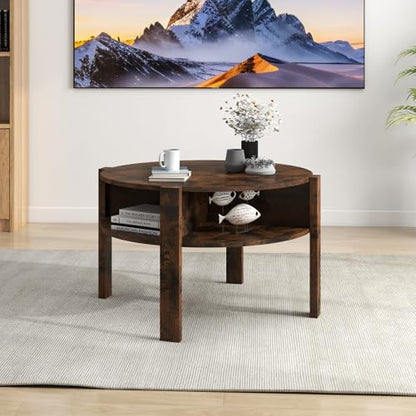 GIANTEX Round Coffee Table, Mid Century Modern Center Table (Rustic Brown) | 2-Tier Storage Shelves & 4 Side Compartments, Wood Coffee Table for Living Room, Small Spaces - color: Rustic Brown