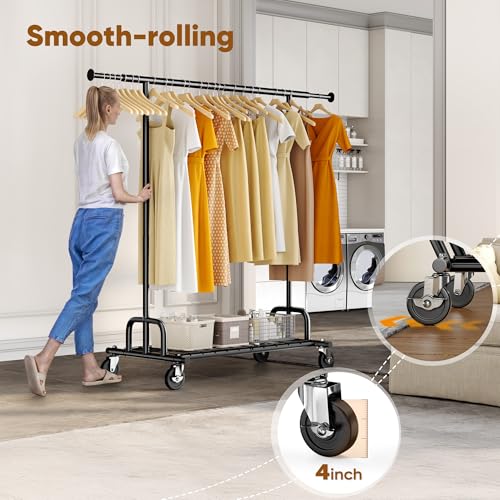 HOKEEPER Clothes Rack Collapsible Clothing Rack Capacity 525LBS Black | Clothing Racks on Wheels Heavy Duty Rolling Clothes Rack for Hanging Clothes for bedroom, Commercial, 22"D x 75"W x 71"H - color: Black
