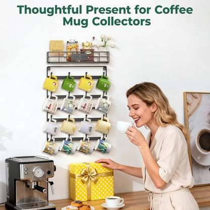 EsLuker.ly Coffee Mug Holder Wall Mounted Display Rack, Black | Metal Cup Hanger Organizer with16 Hooks, Wood Rustic Shelf for Coffee Bar Home Kitchen, Space Saving Wall Storage - style: 16 Hooks with Metal Basket