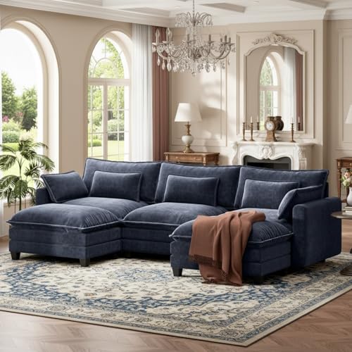 Marsail Modular Sectional Sofa 110.6" U-Shaped Modern Comfy Cloud Couch, 5-Seat Chenille Deep Seat Sofa with Throw Pillow & Movable Ottoman for Living Room, Bedroom and Apartment, Navy Blue - color: Blue, size: 110.6" - U Shape