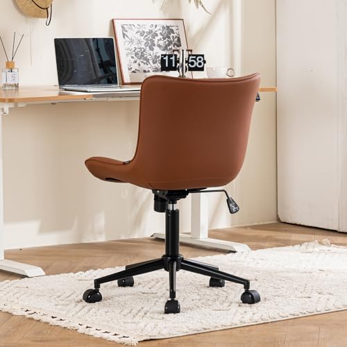 YOUTASTE Coffee Brown Office Chair Modern Armless Desk Chair with Wheels Adjustable Swivel Rocking Rolling Computer Study Chairs Faux Leather Sewing Chairs with Back Stylish Vanity Chair - color: Coffee Brown