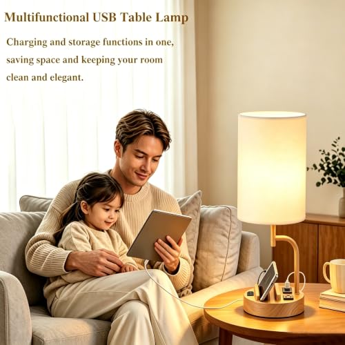 Dreamholder 2 Pack Table Lamp, Bedside Lamp with 3 USB Charging Ports & AC Outlet, USB Desk Lamp with 2 Phone Holders, Linen Fabric Shade Nightstand Lamps for Bedroom Living Room Office, Woodgrain - color: Woodgrain