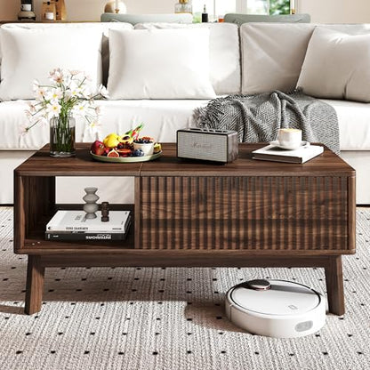 Fluted Lift Top Coffee Table with Storage Shelf and Hidden Compartment, Mid Century Modern Wooden Center Table for Living Room, Home Office, Walnut - color: Walnut Rectangle