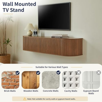 LUMISOL 55” Wall Mounted Floating TV Cabinet with Fluted Doors, Media Console with Cable Management Holes for Living Room, Bedroom, Walnut - size: 55.12"L x 12.6"W x 11.81"H
