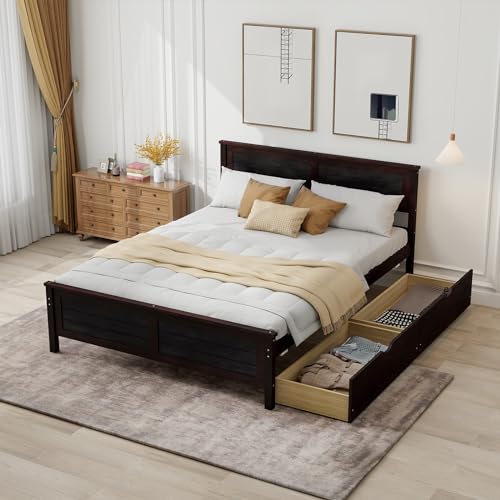 Giantex Wood Full Size Bed Frame with 2 Storage Drawers, Solid Wood Platform Bed with Headboard, Wooden Slats Mattress Foundation, No Spring Needed, Full Bed Frame for Kids, Teens, Adults, Espresso - color: Espresso, size: Full