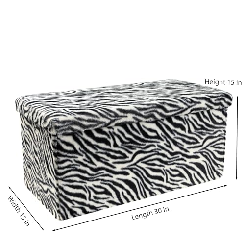 Luxe Faux Fur Storage Ottoman, Zebra Black/White, 30 x 15 x 15 in | Engineered Wood, Tool-Free Assembly, Modern Style, Seat And Footrest - color: Zebra Black/White, size: 30"D x 15"W x 15"H