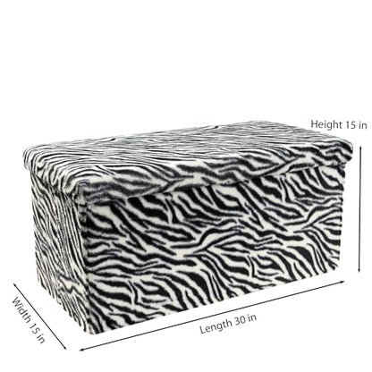 Luxe Faux Fur Storage Ottoman, Zebra Black/White, 30 x 15 x 15 in | Engineered Wood, Tool-Free Assembly, Modern Style, Seat And Footrest - color: Zebra Black/White, size: 30"D x 15"W x 15"H
