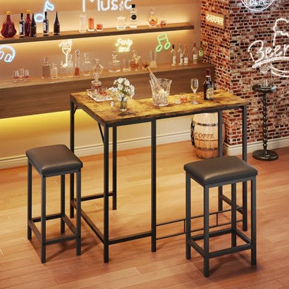 Bar Table and Chairs Set, 63'' L-Shaped Bar Table with 2 Stools, Counter Height Kitchen Table with Built-in Power Outlets, Left/Right/Straight Convertible Design, Faux Leather Upholstered Seating - color: Rustic