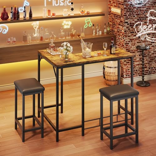 Bar Table and Chairs Set, 63'' L-Shaped Bar Table with 2 Stools, Counter Height Kitchen Table with Built-in Power Outlets, Left/Right/Straight Convertible Design, Faux Leather Upholstered Seating - color: Rustic