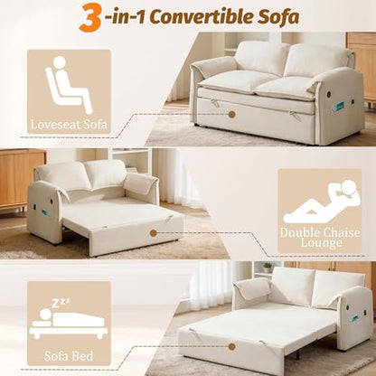 63" 3-in-1 Velvet Convertible Sleeper Sofa Bed, Modern Adjustable Backrest Loveseat Pull Out Couch with USB & Side Pocket, Small Space Love Seat Sofa Bed for Living Room, Bedroom, Beige Velvet - color: Beige