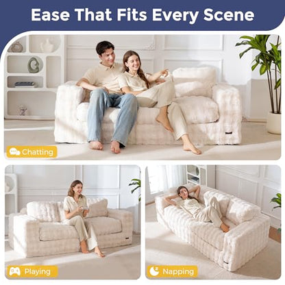 MAXYOYO 3-Seater Boneless Sofa Couch, Modern Bubbled Sofa for Living Room, Soft Bean Bag Chair High-Density Foam Couch with Pillows, No Assembly Required - color: Bubble Beige, size: 3 Seater