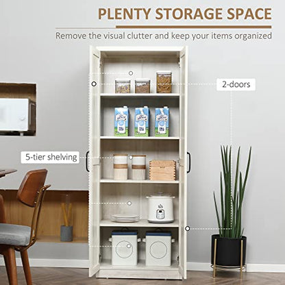 HOMCOM 63" 2-Door Kitchen Pantry 5-Tier Antique White | Freestanding Storage Cabinet, Shelving, 2 Adjustable Shelves, for Dining Room - color: White