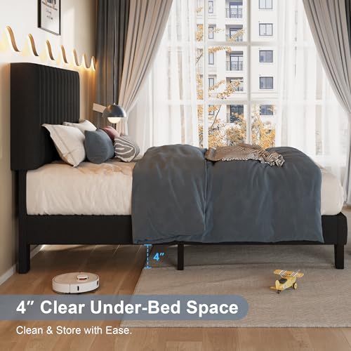 Einhomn Twin Size Bed Frame with Headboard, Upholstered Linen Platform Bedframe with Solid Wooden Slats, Noise-Free, No Box Spring Needed, Easy Assembly, Black - color: Black, size: Twin