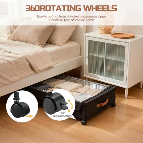 Under Bed Storage with Wheels, Black, 35L Large Capacity | Clear Lid & Label, Rolling Metal Drawer, For Clothes, Shoes, Toys, Books, Blankets